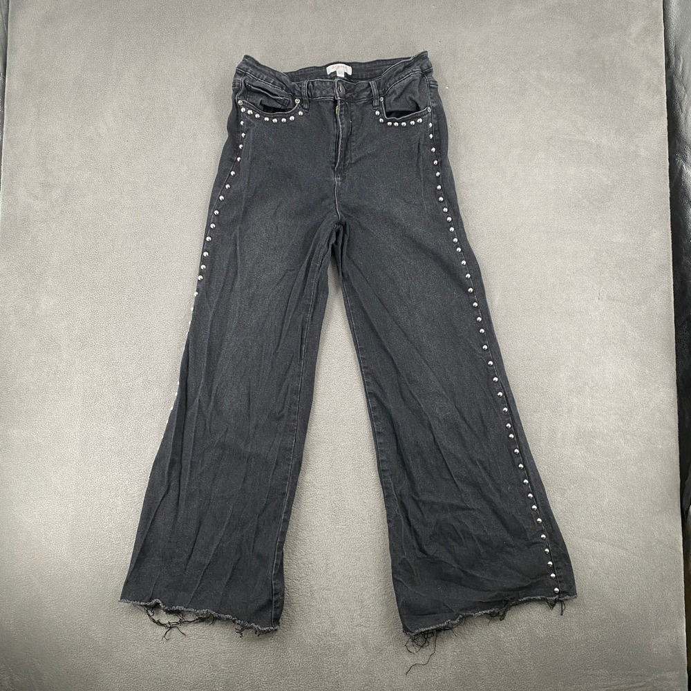 Zigoss Black Studded Wide Leg Jeans Y2K Raw Hem Size 13/31